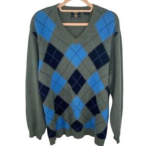 ARROW Argyle Sweater Mens L Gray Blue V Neck Cotton Knit Preppy Golf Old Money